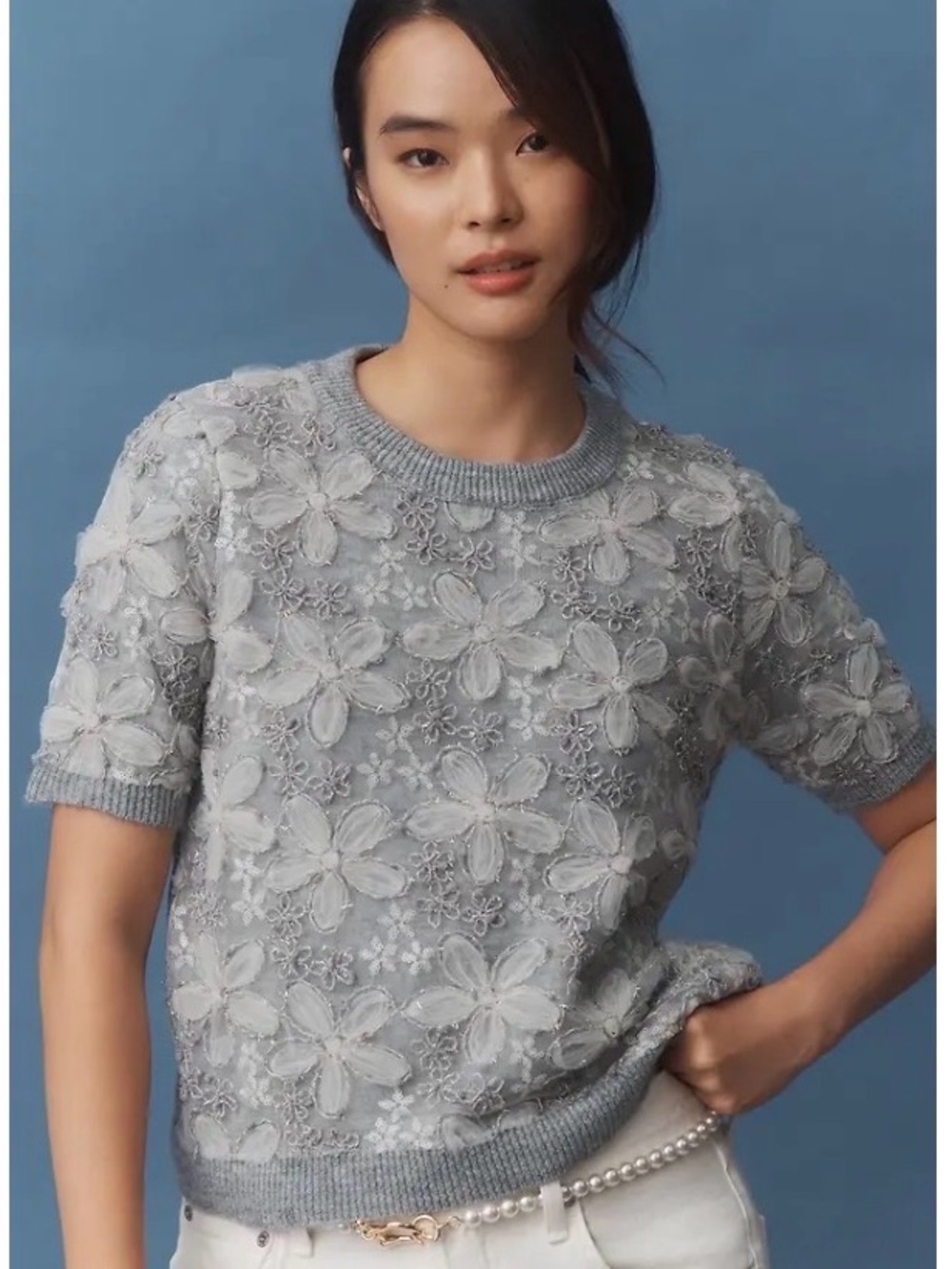 Adore Light Gray Lace Overlay Appliqué Short-Sleeve Sweater NWT S